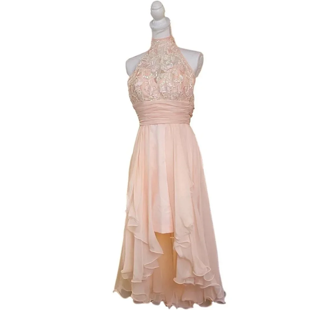80s Vintage XS Light Pink Chiffon Flowy‎ Pearl Beaded High Low Halter Formal
